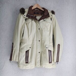 Danier Leather Coat Womens M Hooded Parka Fur Trim Quilted Lined Cream Zipper